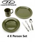 Highlander 4 X Person Plastic Unbreakable Poly Mug Plate Bowl And KFS Cutlery Set Olive
