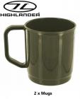 2 x Highlander Camping Mug 355cc 275ml Olive Green Plastic Unbreakable CP065-OG