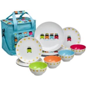 VW Camper Smiles 4 persons 13pc Melamine Round Dinner Set.