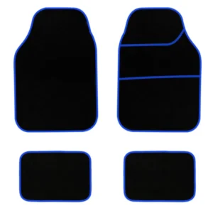 Streetwize Velour Black Carpet Car Floor Mats Heel Pad Blue Edge Trim SWBCMBL