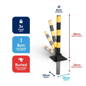 Streetwize Buried Folding Parking Post Yellow/Black Striped Heavy Duty With Keys