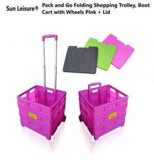 Sun Leisure Pack and Go Folding Shopping Trolley Cart with Wheels Pink + Lid