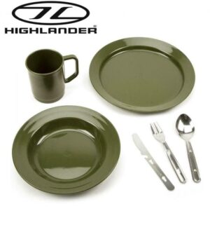 Highlander Plastic Unbreakable Poly Mug Plate Bowl And KFS Cutlery Set Olive