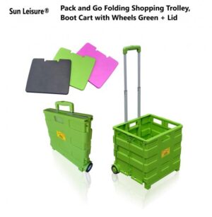 Sun Leisure Pack and Go Folding Shopping Trolley Cart with Wheels Green + Lid