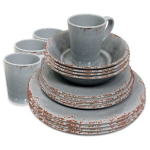 Crusader Rustic Melamine Set 4 D Plates, 4 S Plates, 4 Bowls, 4 Mugs Norfolk Grey (Pk of 16)