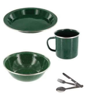 Highlander GREEN ENAMEL Camping Cook Dining Set Mug Bowl Plate + Cutlery Set