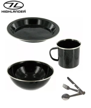 Enamel Camping Set Includes Cutlery Set Plate Mug and Bowl Black Highlander