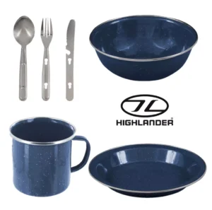 Highlander Deluxe Camping Enamel Set + Cutlery Navy Mug Plate Bowl Steel Travel