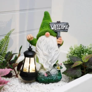 Gardenwize Gonk Ornament With Solar LED Lantern & Welcome Sign GW448
