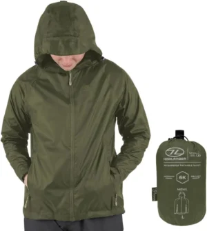 Highlander Waterproof Jacket Stow & Go Jacket Packaway Olive Green